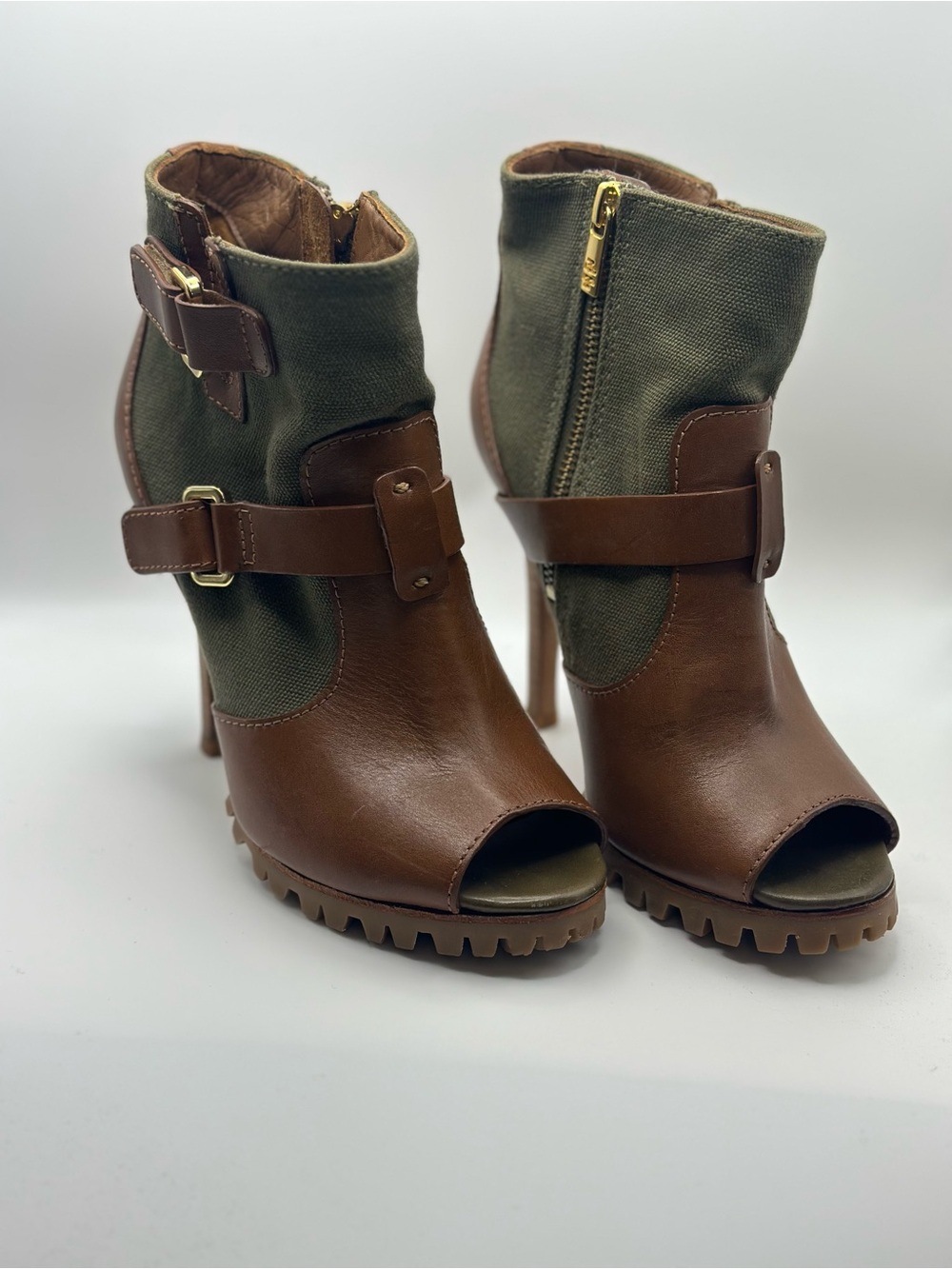 Tory Burch Brown Leather & Olive Canvas Peep-Toe Ankle Boots